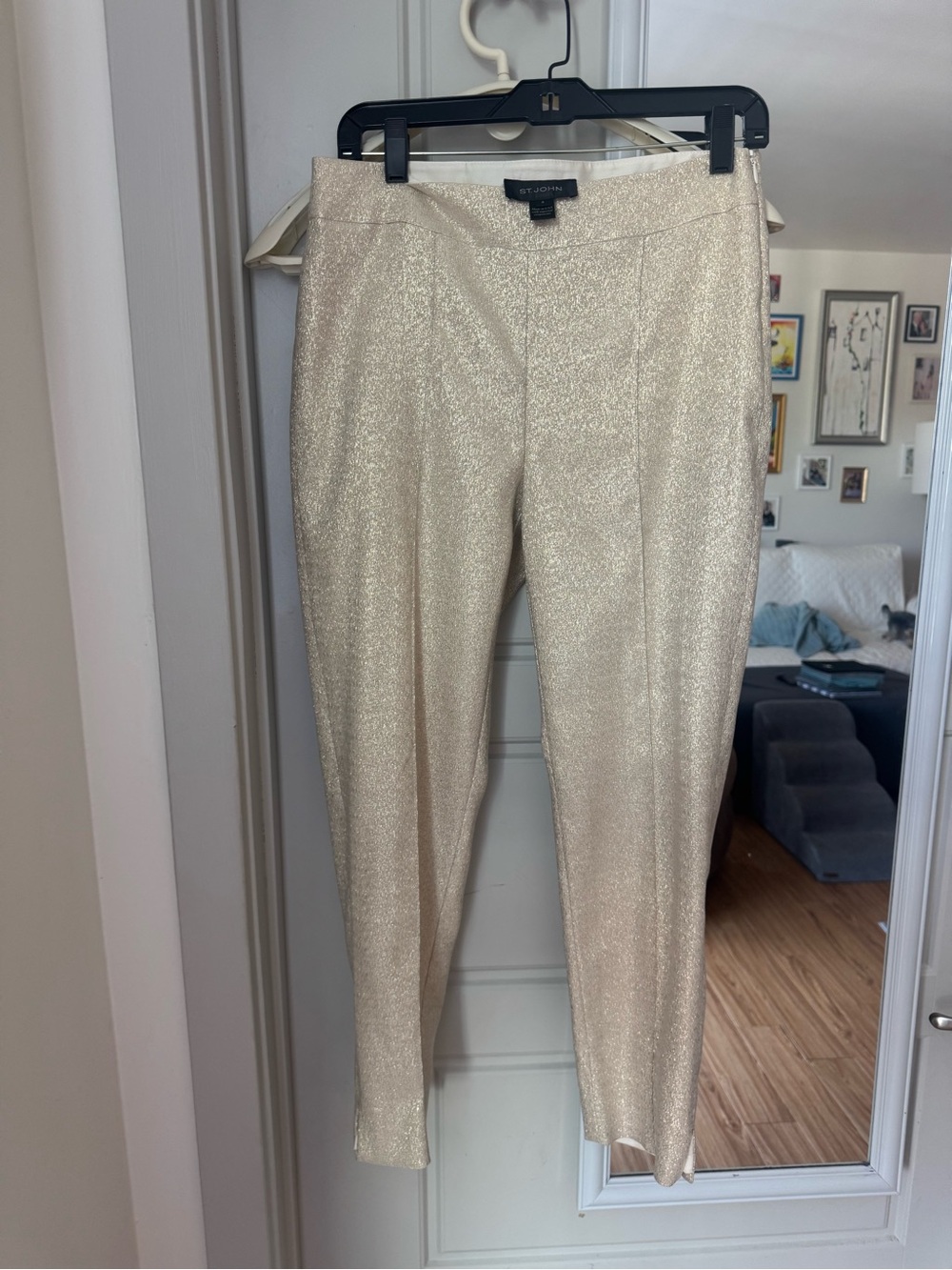 St. John Metallic Cream Slim Ankle Pants